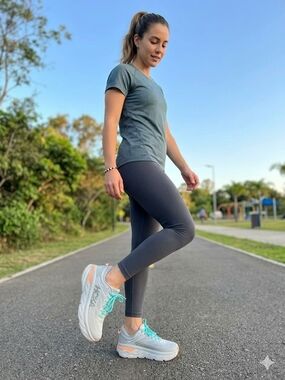 Hoka One One Light Gray Trainers with Teal Laces and Coral Accent Used, Very Goo